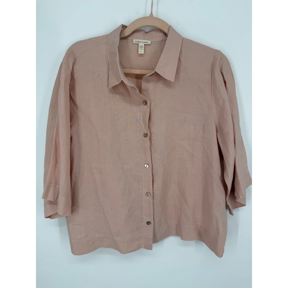 Eileen Fisher Button Down Shirt Womens Small Pink Organic LINEN 3/4 Sleeve Boxy